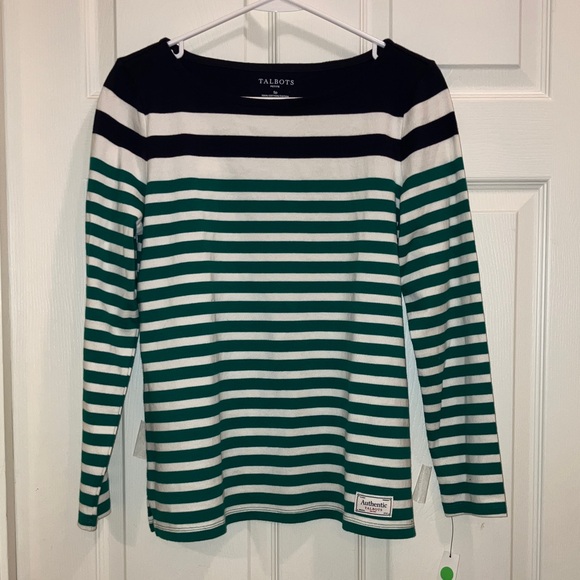 Talbots Tops - Talbots Petite Stripe Cotton Crewneck Sweater Navy Green White Size SP Quality